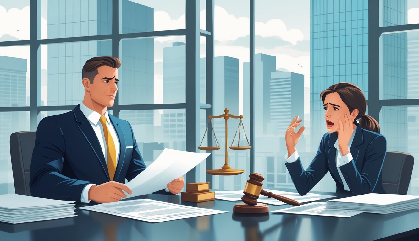 An insurance lawyer and a concerned policyholder talking in an office with legal symbols on the desk.