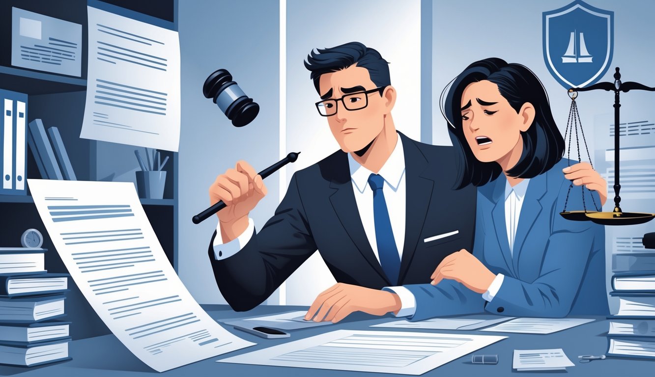 A lawyer in an office reviews insurance claim documents while a worried client sits nearby, with legal symbols like a scale of justice and a gavel in the background.