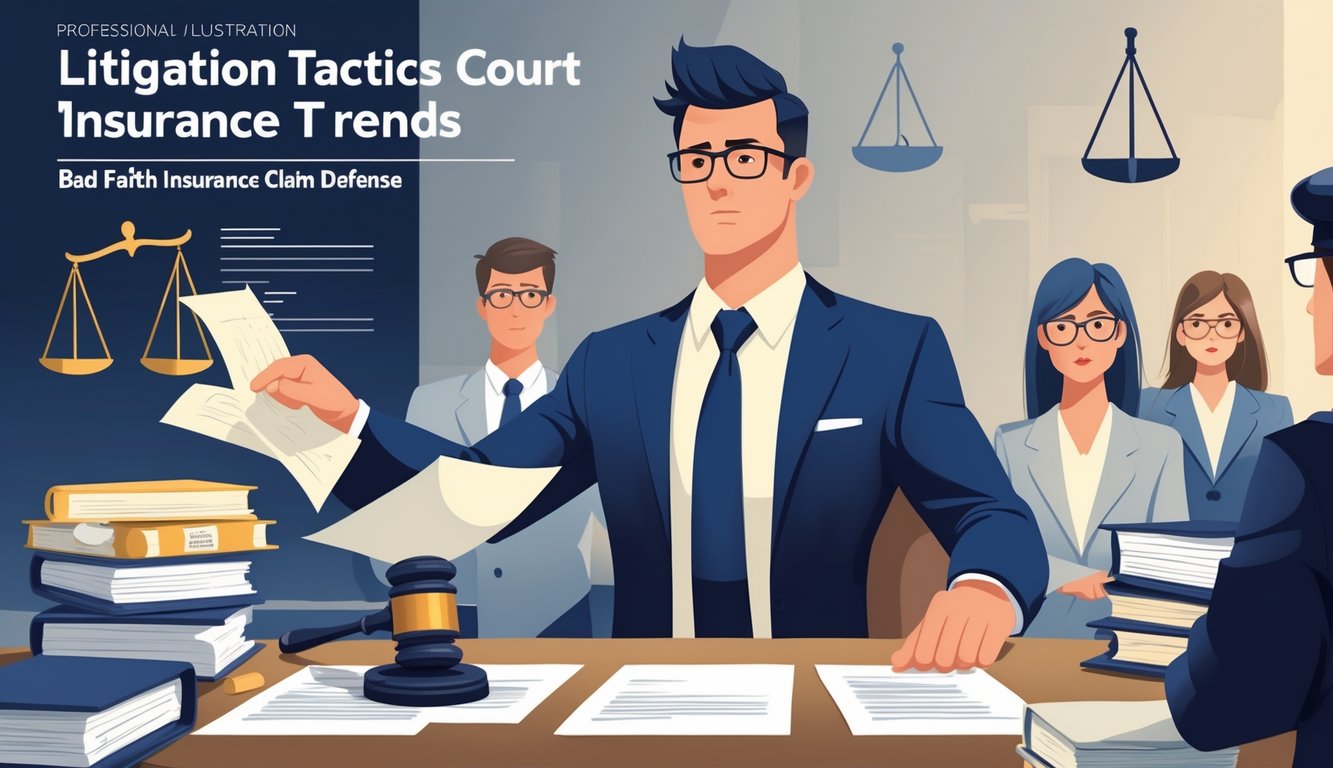 A courtroom scene showing a defense attorney presenting evidence to a judge and jury during a legal case about insurance claim defense.