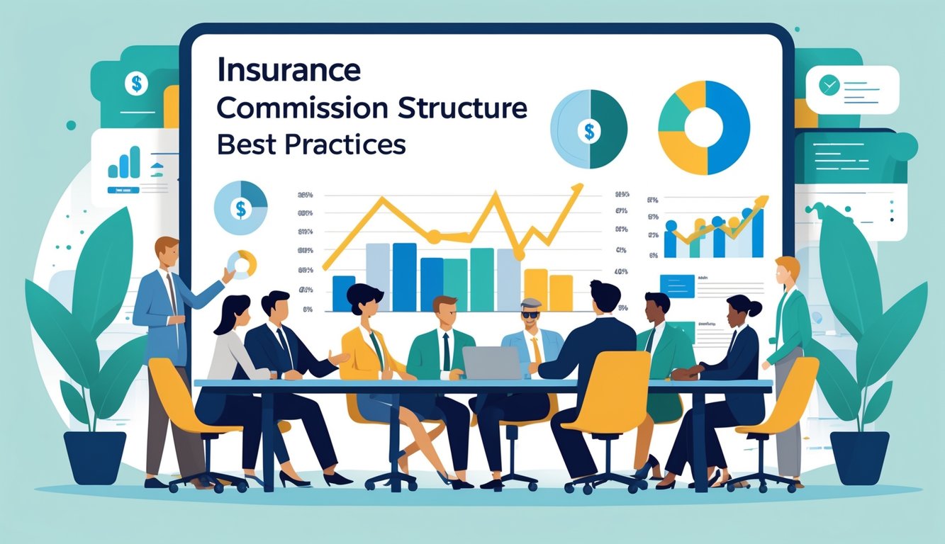 A group of business professionals discussing charts and graphs about insurance commissions in a modern office setting.