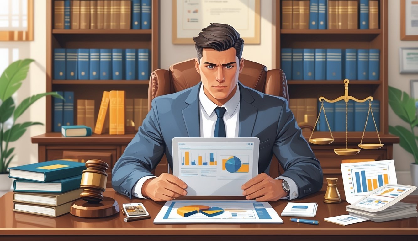 A lawyer and client sitting at a desk in an office filled with legal books, discussing insurance claim documents.