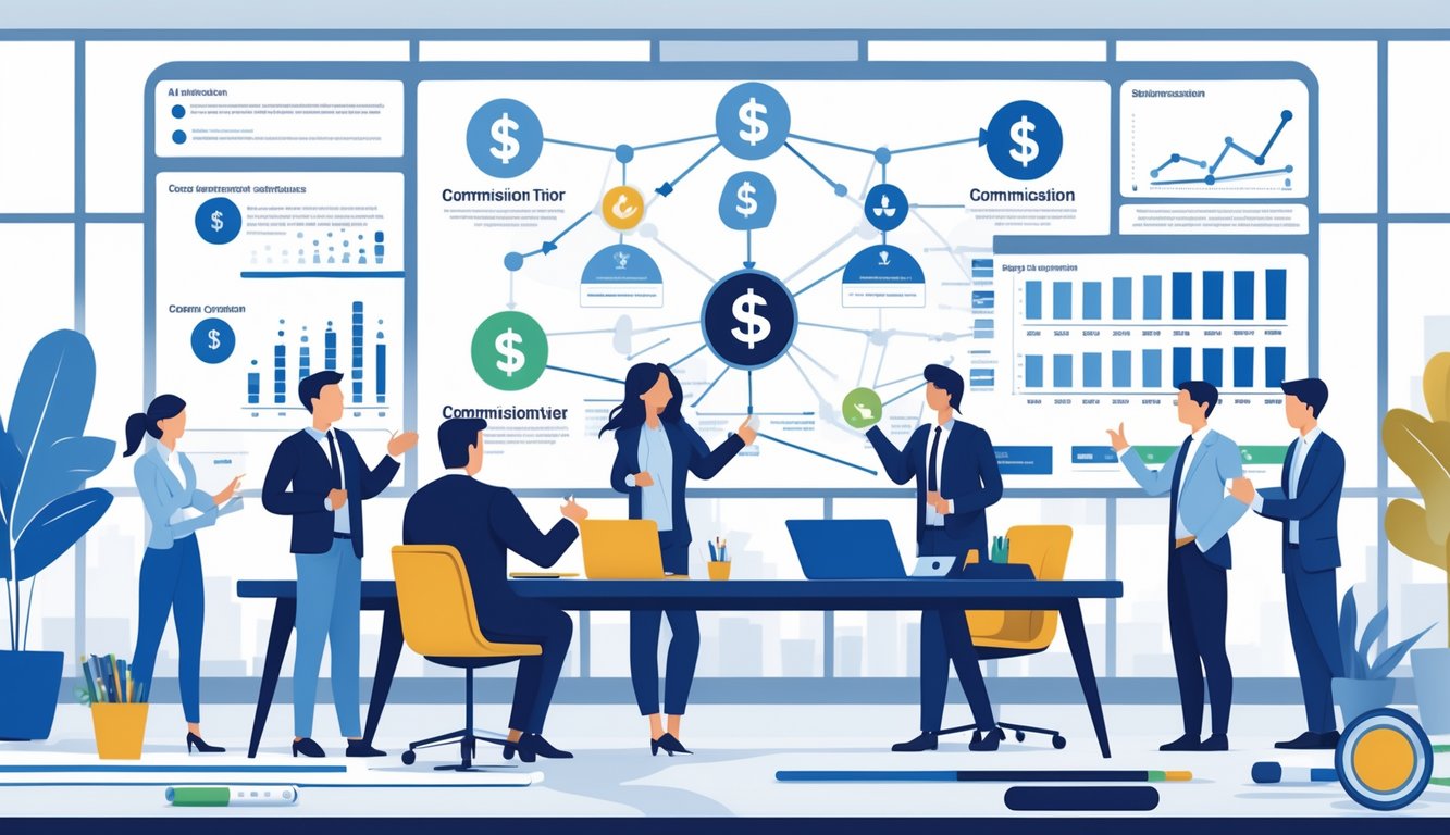 Business professionals in a meeting room reviewing charts and graphs about insurance commission structures, with digital icons and flowcharts displayed on a screen behind them.