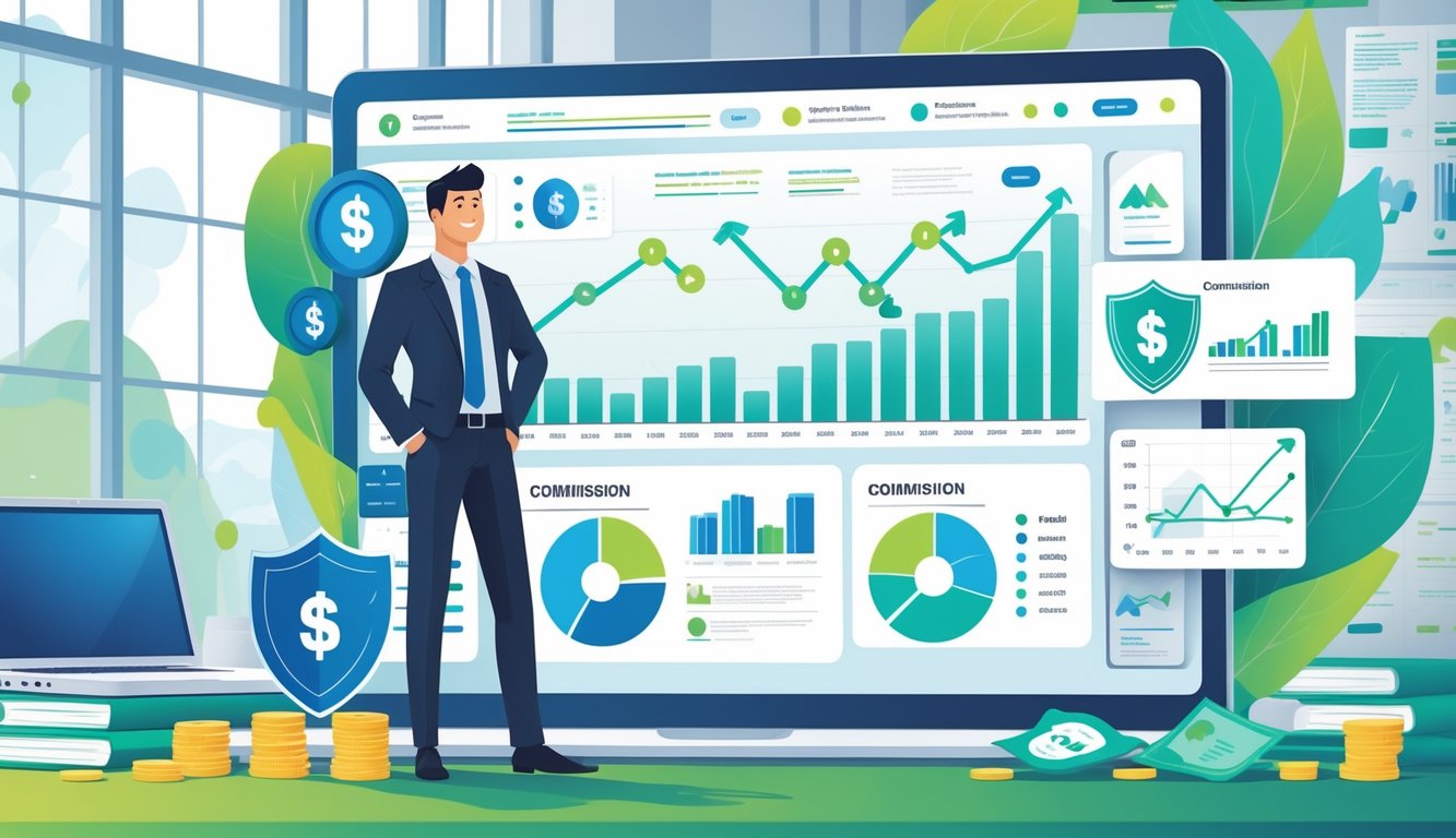 A business professional standing next to a digital dashboard showing charts and graphs related to insurance commissions in a modern office setting.