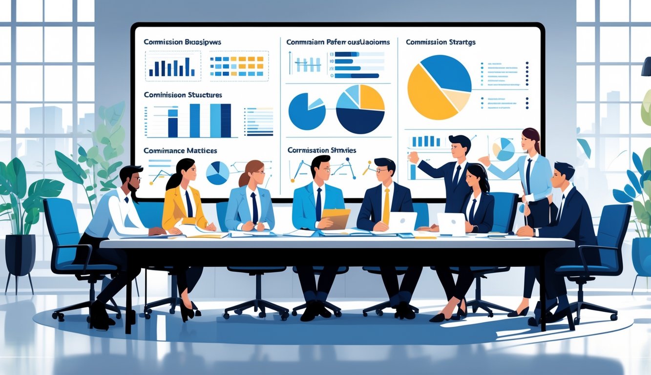 A group of business professionals discussing charts and graphs about insurance commissions around a conference table in a modern office.
