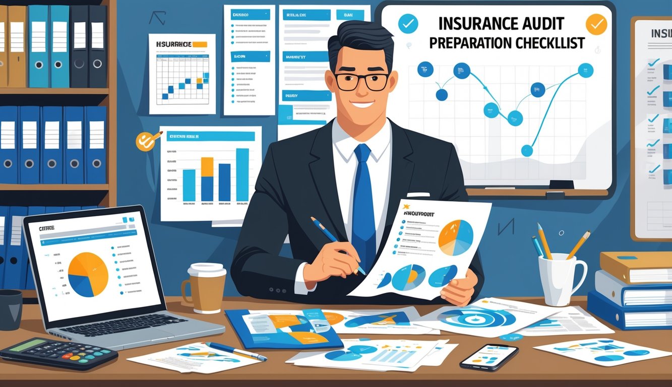 A business professional reviewing documents and charts at a tidy office desk preparing for an insurance audit.