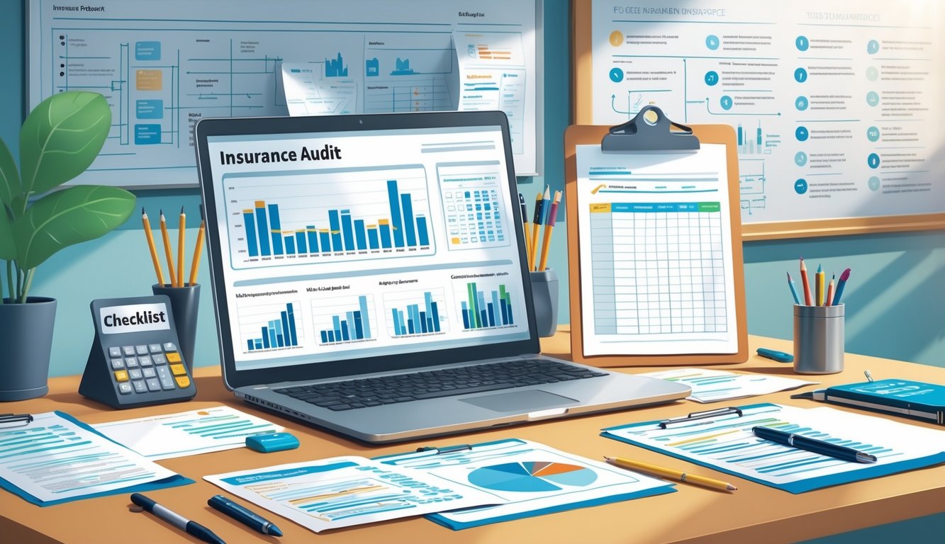 A tidy office desk with documents, charts, a laptop, and a checklist, all arranged to prepare for an insurance audit.