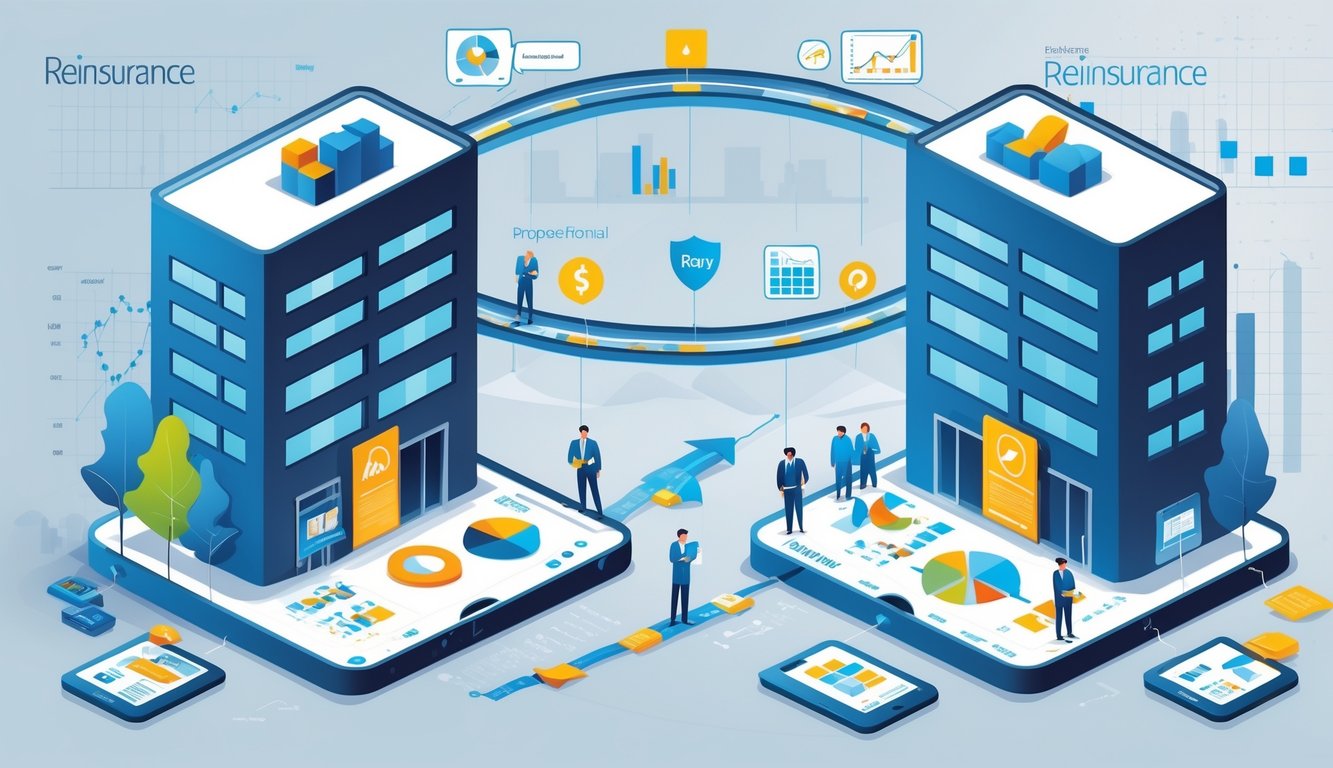 Two insurance company buildings connected by a bridge with arrows showing risk transfer, surrounded by icons representing types of reinsurance and professionals analyzing charts in an office setting.