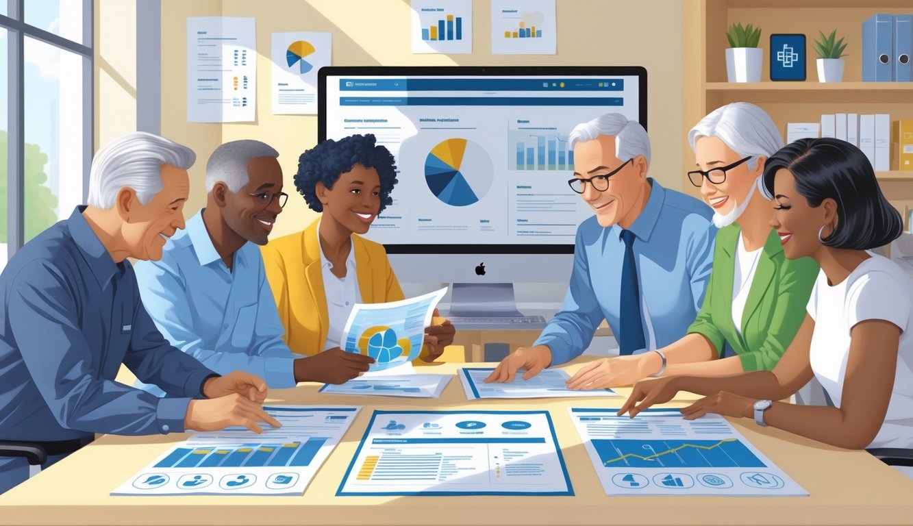A group of adults discussing insurance documents with an advisor in a bright office setting.