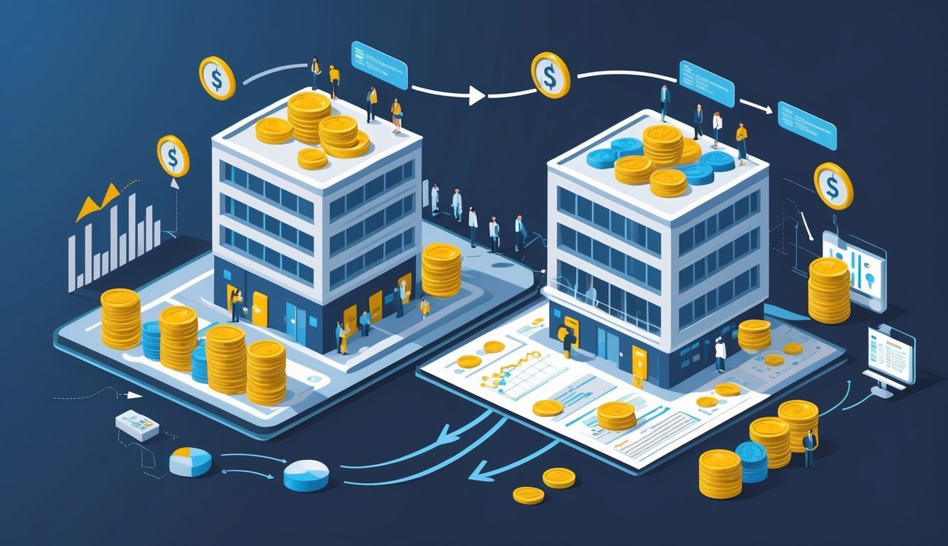 Two office buildings connected by arrows showing the transfer of risk between an insurance company and a reinsurance company, with people icons, documents, and financial symbols representing insurance policies and risk management.