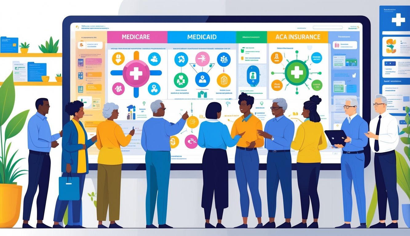 A group of diverse adults gathered around a digital display showing charts and icons about Medicare, Medicaid, and ACA insurance plans, discussing and learning together in a modern office setting.