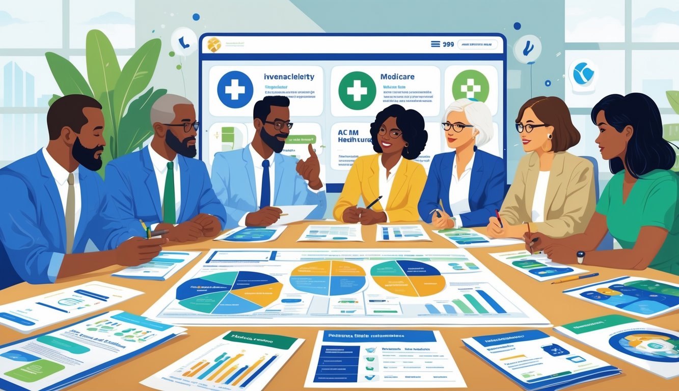 A group of adults discussing health insurance options around a table with documents and a digital screen showing healthcare-related icons.