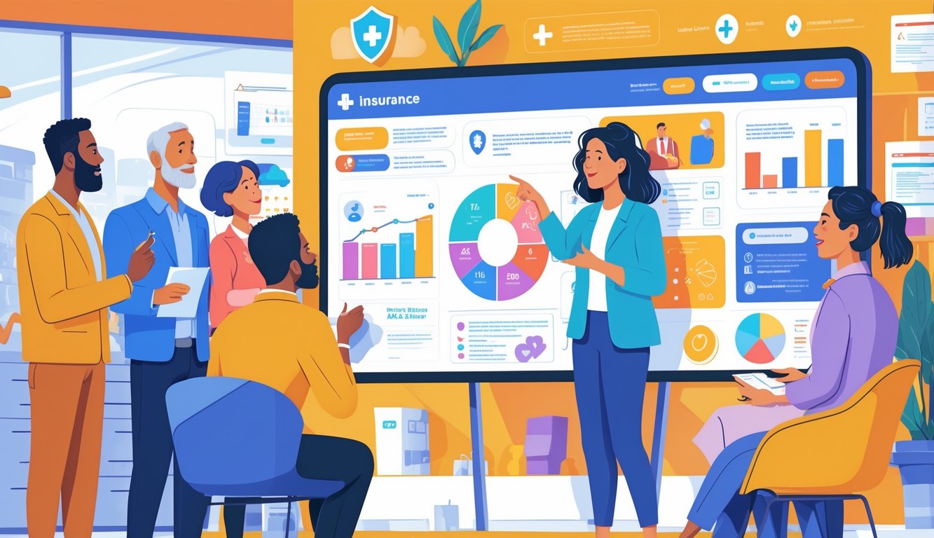 A group of people in an office discussing healthcare and insurance information displayed on a large digital screen.