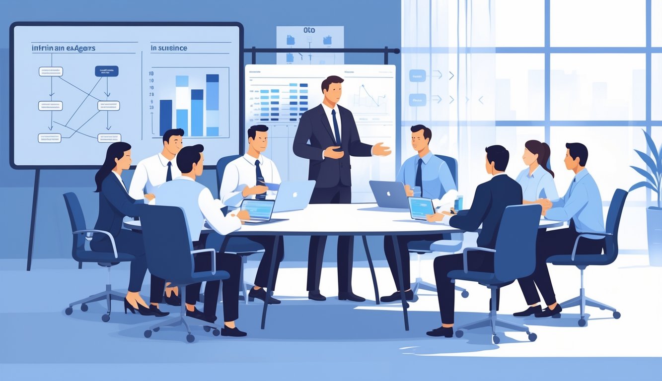 Two groups of business professionals, insurance agents and underwriters, sitting around a conference table engaged in a calm discussion with a mediator guiding the conversation.