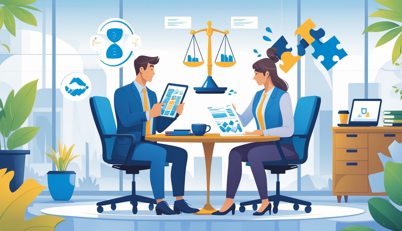 An insurance agent and an underwriter sitting at a table in an office, discussing documents and data together in a calm and cooperative manner.
