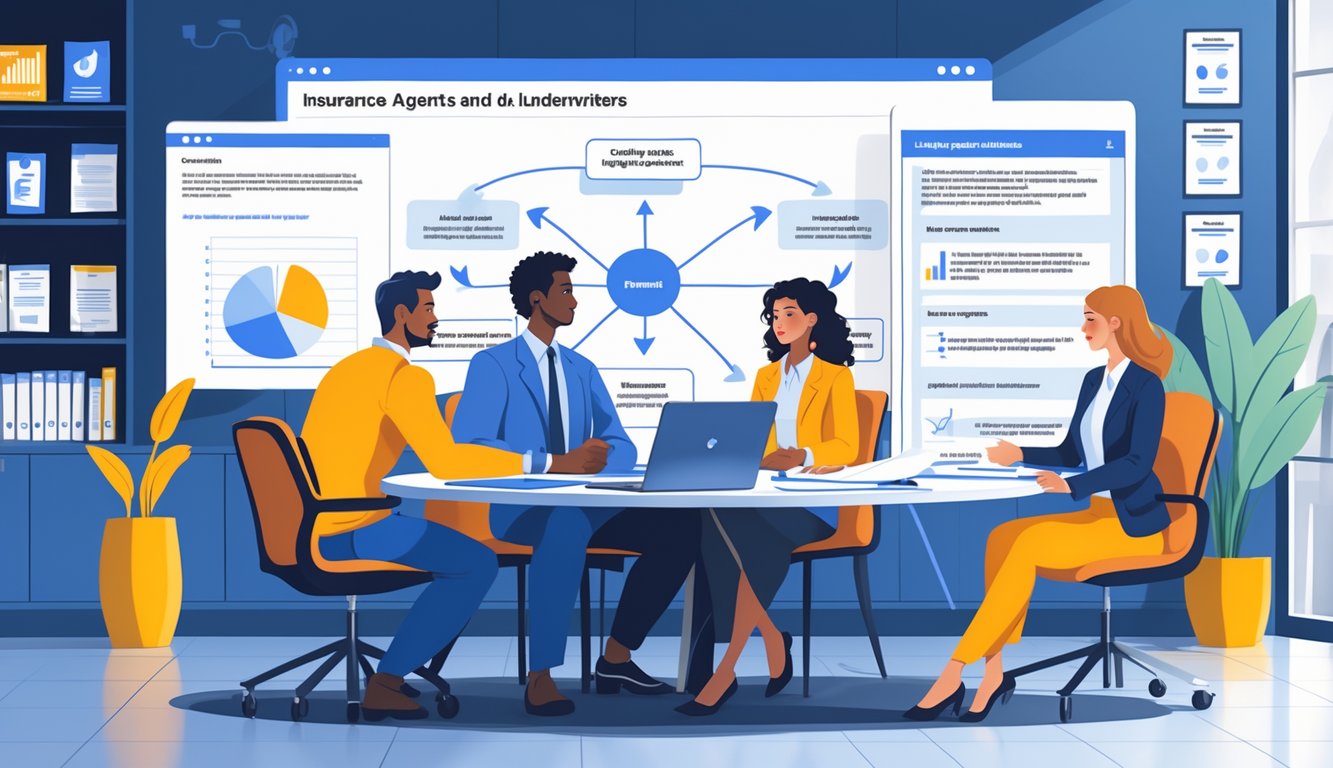 Four professionals sitting around a table in an office discussing conflict resolution with documents and a flowchart on a screen.