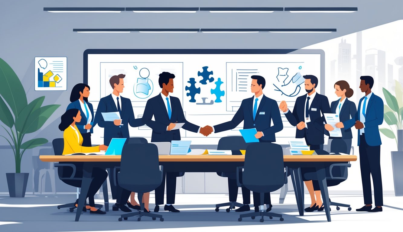 Two groups of business professionals representing insurance agents and underwriters having a constructive meeting around a conference table, exchanging ideas and shaking hands in an office setting.