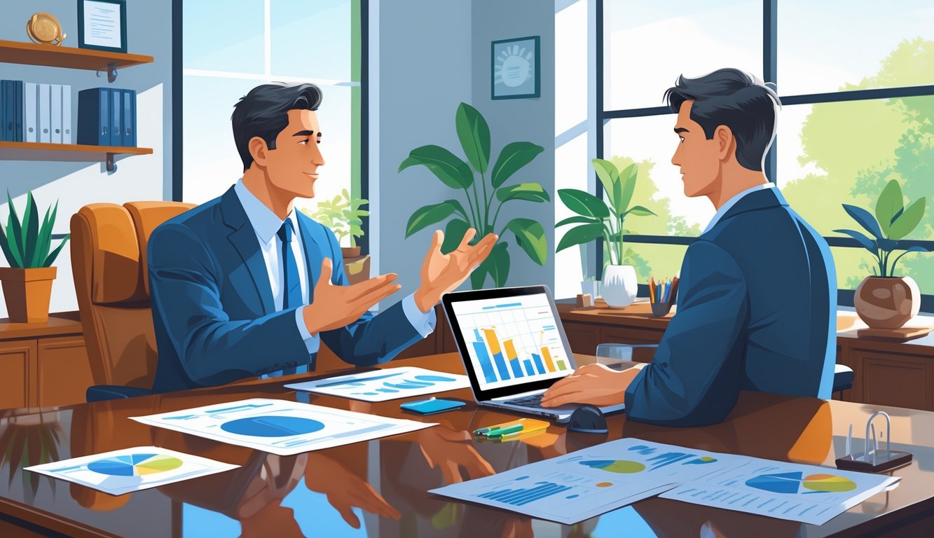 A businessperson explains financial information to a client across a desk in a bright office.