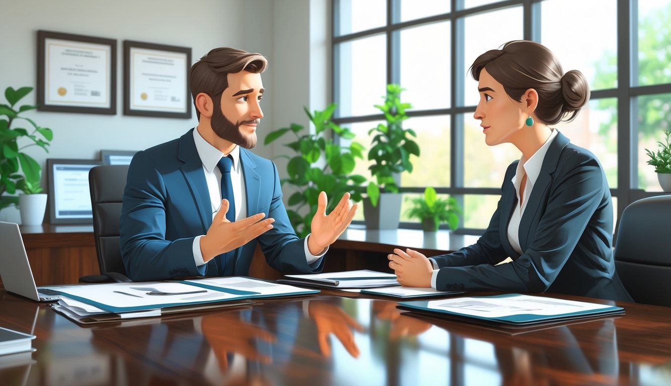 A businessperson explaining something to a client across a desk in a modern office, with both engaged in a serious conversation.