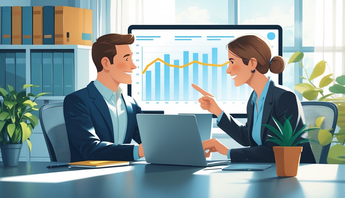 A business consultant explains financial information to a client in a modern office setting.