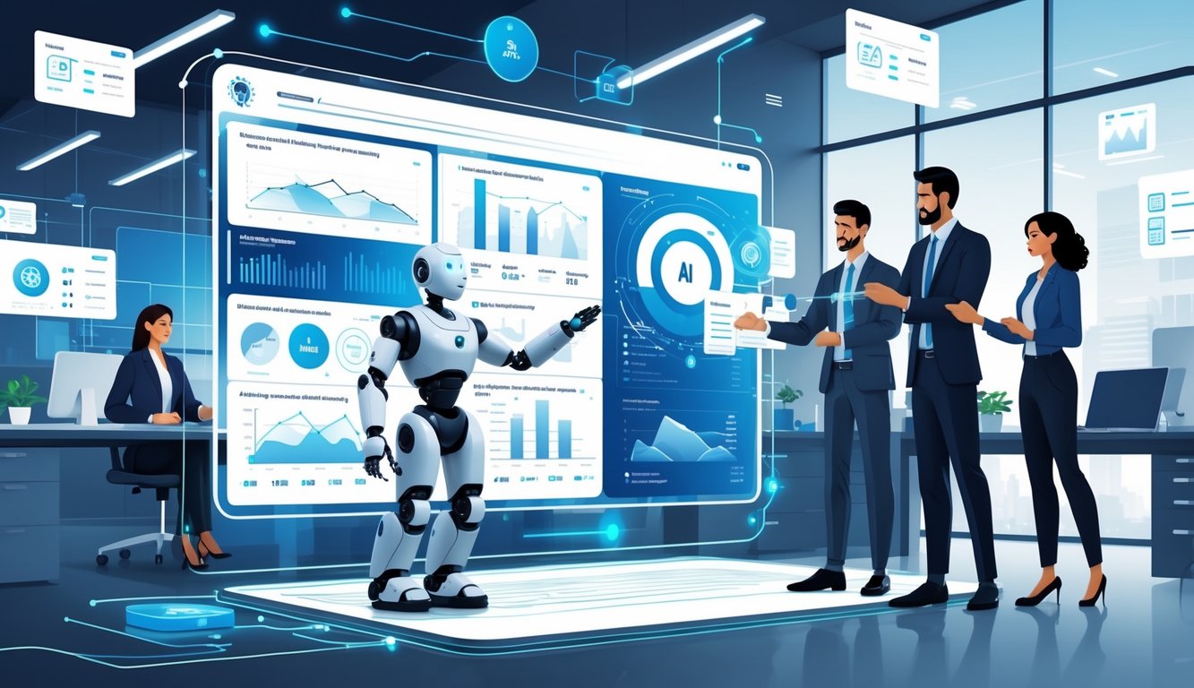 A human insurance underwriter and a humanoid AI robot reviewing data on a transparent digital interface in a modern office setting.