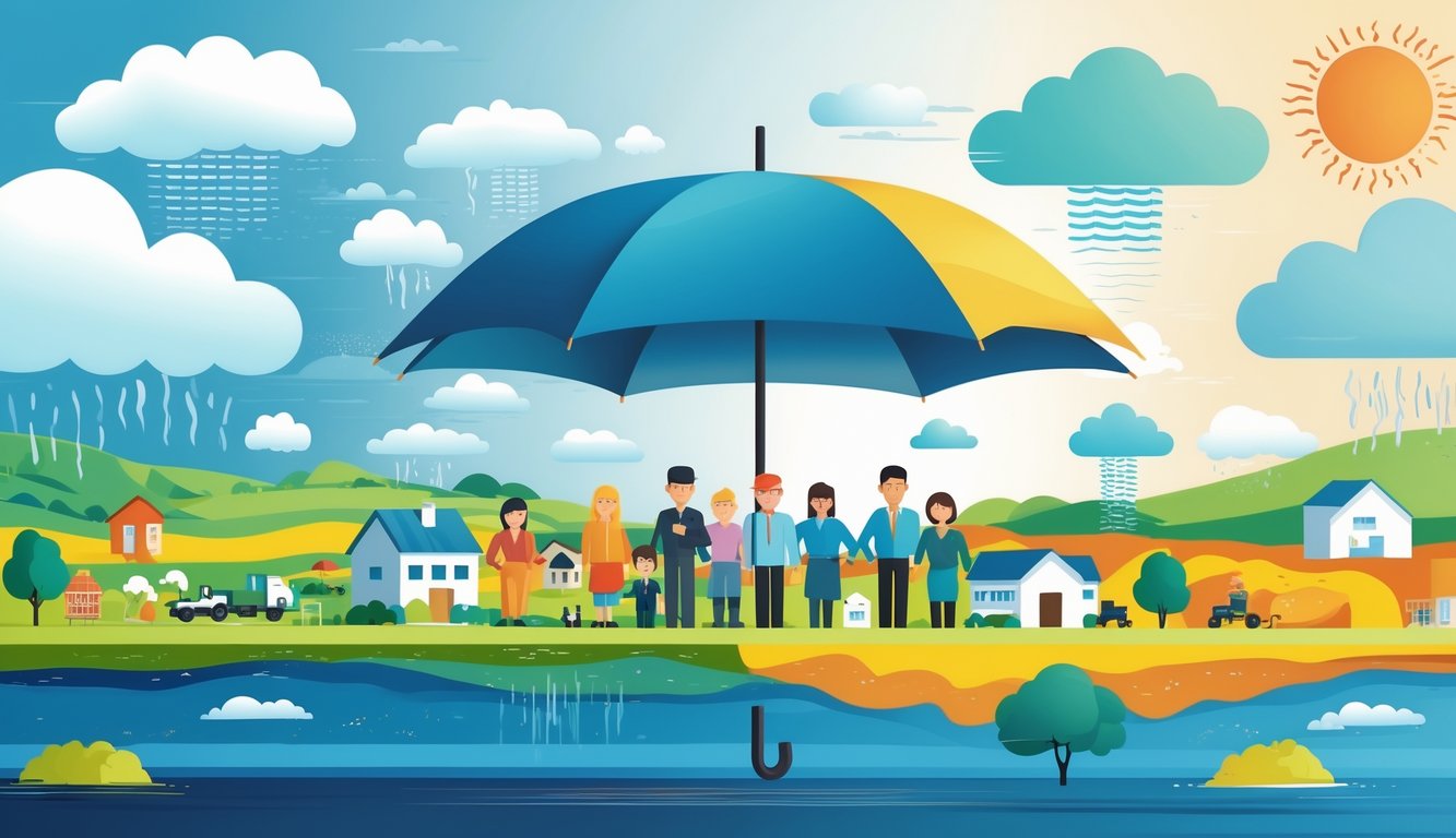 An umbrella protecting people, homes, farms, and businesses from storm clouds, rain, wind, flooding, and heat, illustrating protection against climate-related risks.