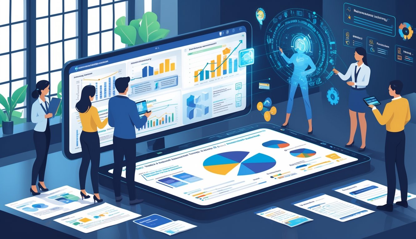 A group of professionals working together around a digital table displaying insurance data with a holographic AI assistant projecting analytics in a modern office.
