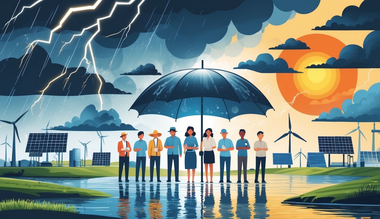 People standing together under a large umbrella protecting them from storm clouds, rain, flooding, and sun, with wind turbines, solar panels, and sturdy buildings in the background.