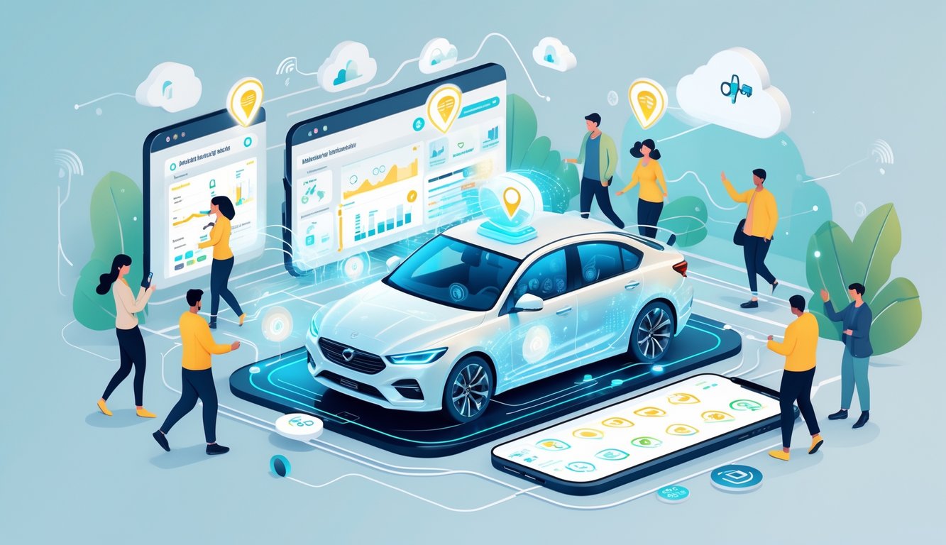 A scene showing people driving, walking, and cycling with digital data displays, a transparent car with sensors, and icons representing insurance, risk, and rewards connected by flowing lines.