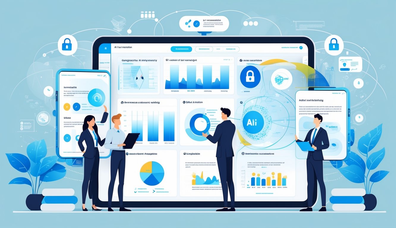 A group of professionals working with AI technology in an office, reviewing data and charts related to insurance underwriting, with visual elements representing benefits, challenges, and future trends.