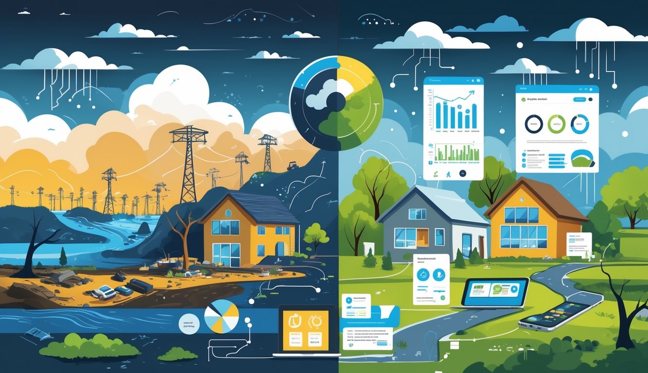 A scene showing natural disasters like floods and wildfires damaging homes on one side, and on the other side, people working with insurance agents, digital tools, and rebuilt homes with renewable energy, representing climate risk insurance challenges and solutions.