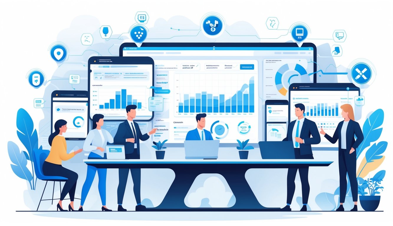 A group of professionals collaborating around a digital table displaying insurance data and technology icons representing behavior-based insurance and industry trends.