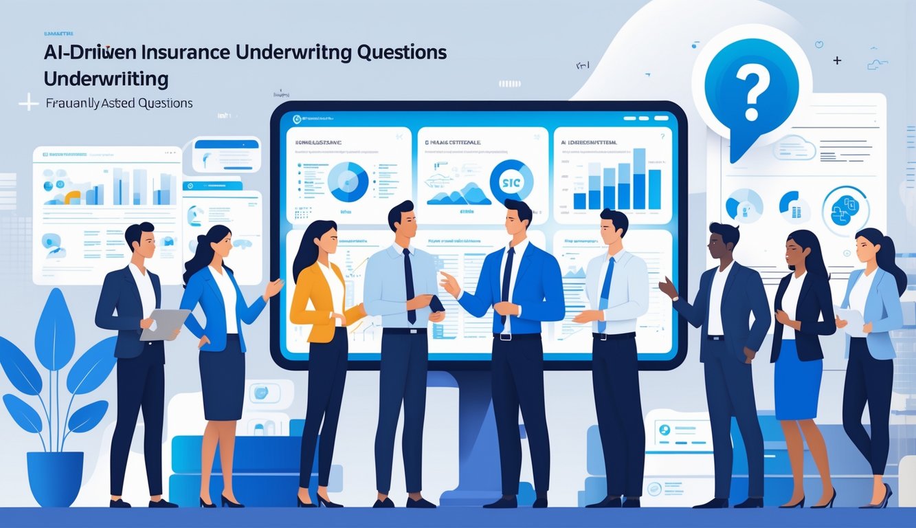 A group of professionals discussing insurance underwriting with a holographic AI assistant and digital data displays in a modern office setting.