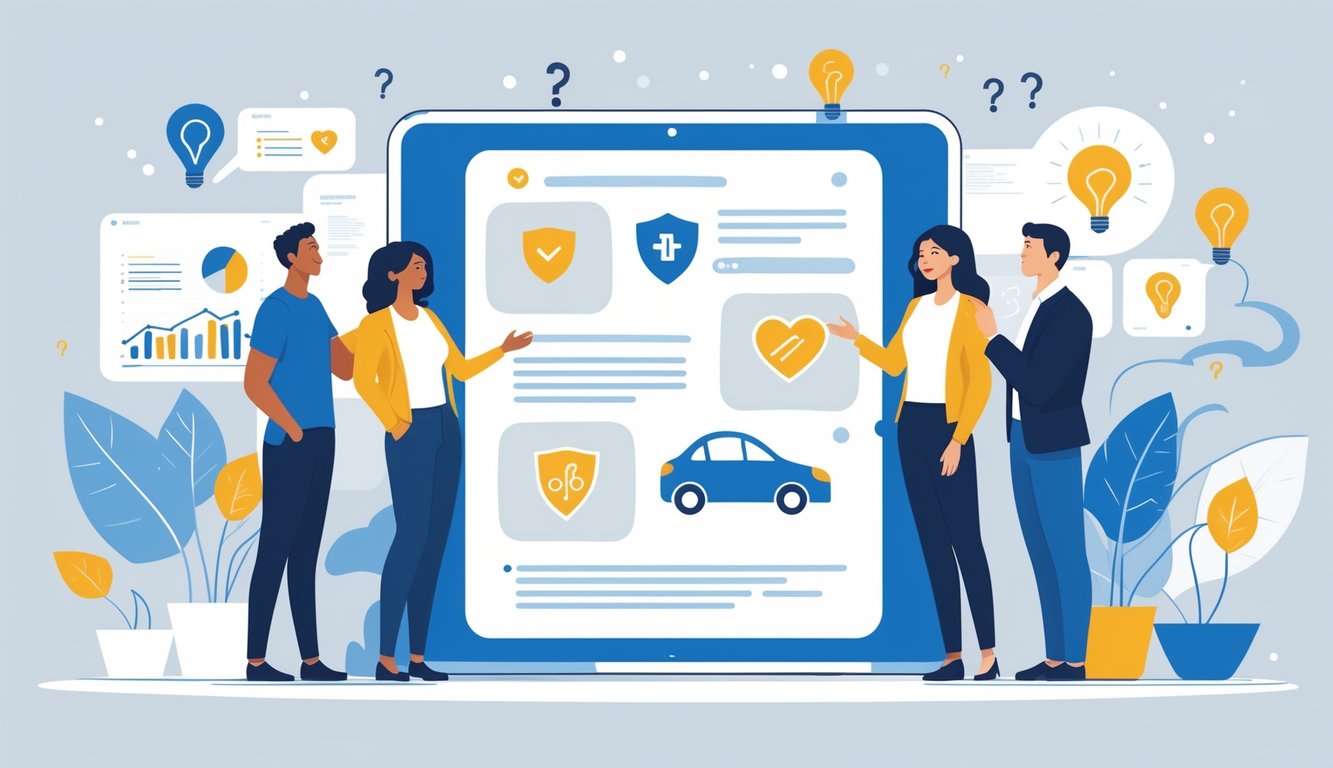 A group of people discussing insurance concepts around a digital screen with icons representing insurance and questions.