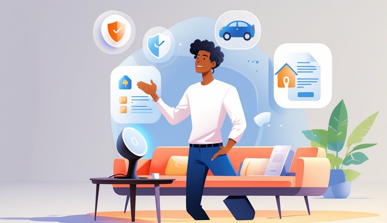 A person speaking to a smart speaker in a living room with floating icons representing insurance concepts like a shield, car, house, and document.