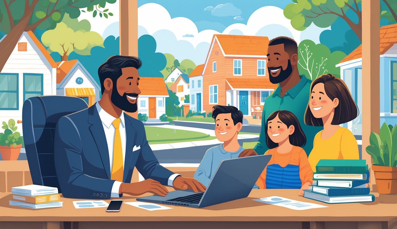 An insurance broker meeting with a family in a small neighborhood office, with houses and shops visible outside the window.