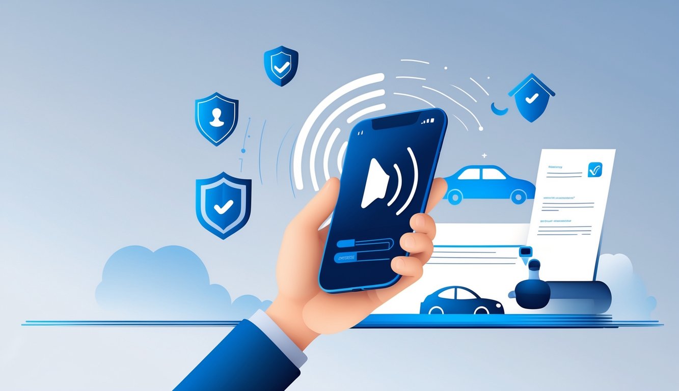 A hand holding a smartphone with sound waves coming from it, surrounded by icons of a shield, car, house, and document, representing voice search for insurance quotes.
