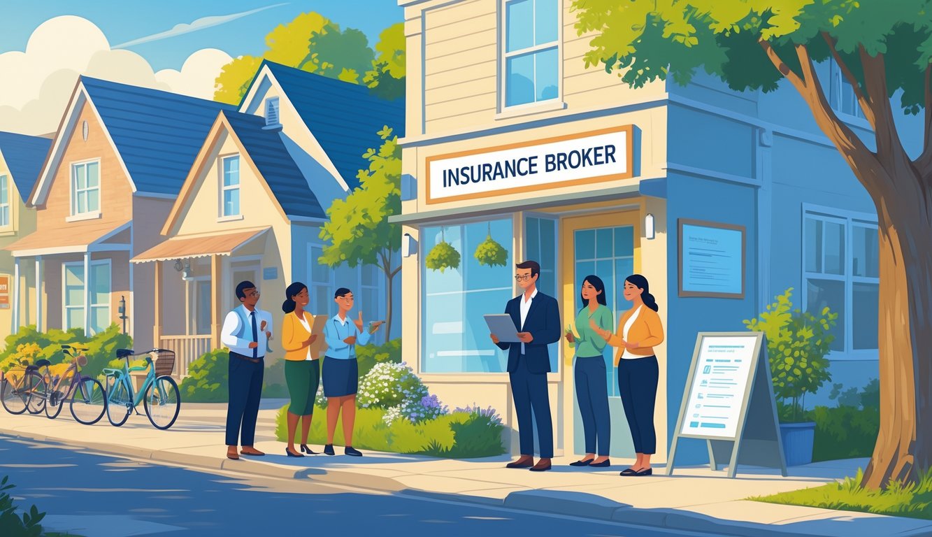 An insurance broker interacting with local clients outside a neighborhood office surrounded by houses and small shops.