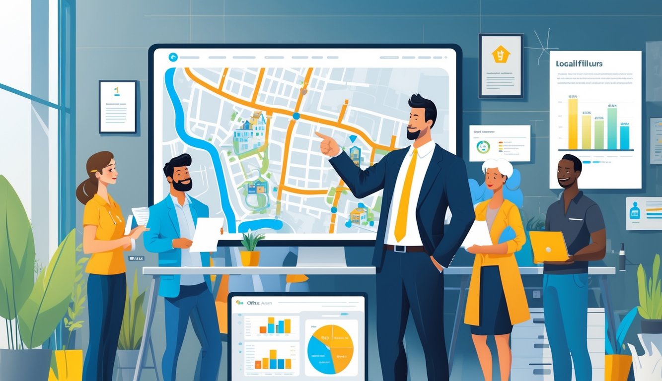 An insurance broker discussing options with a diverse group of local clients in an office, with a digital map highlighting a small neighborhood.