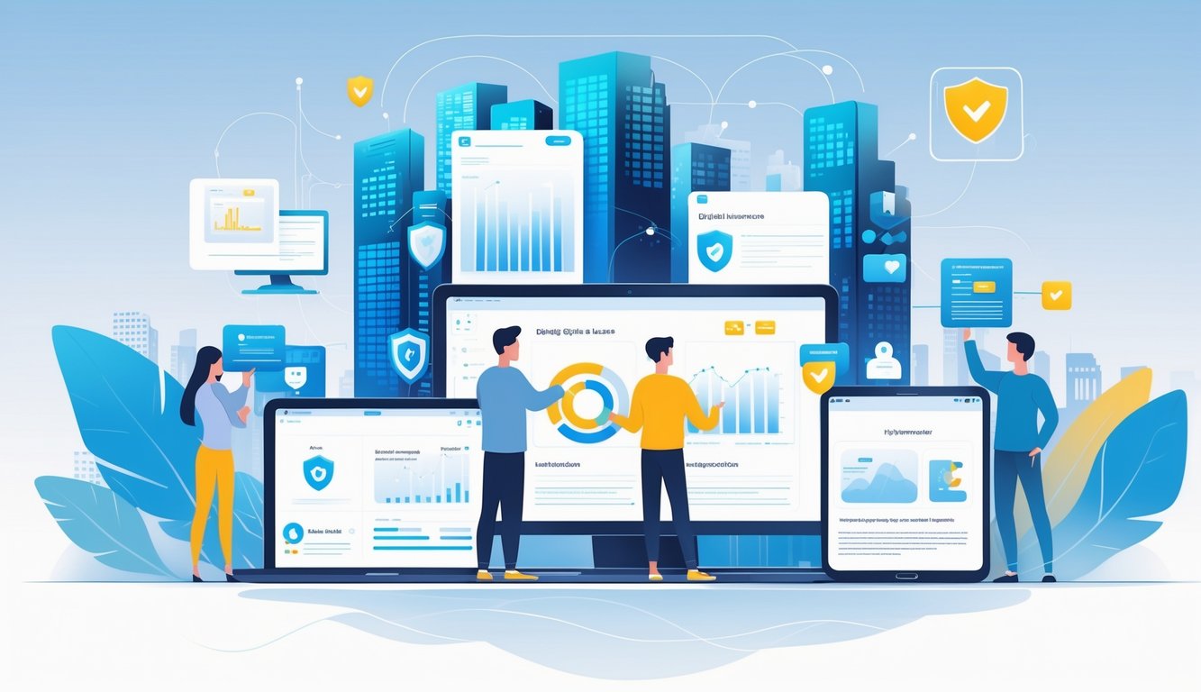 People using smartphones, tablets, and laptops to access insurance services digitally, set against a cityscape with digital network overlays.