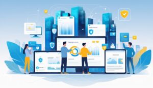 People using smartphones, tablets, and laptops to access insurance services digitally, set against a cityscape with digital network overlays.