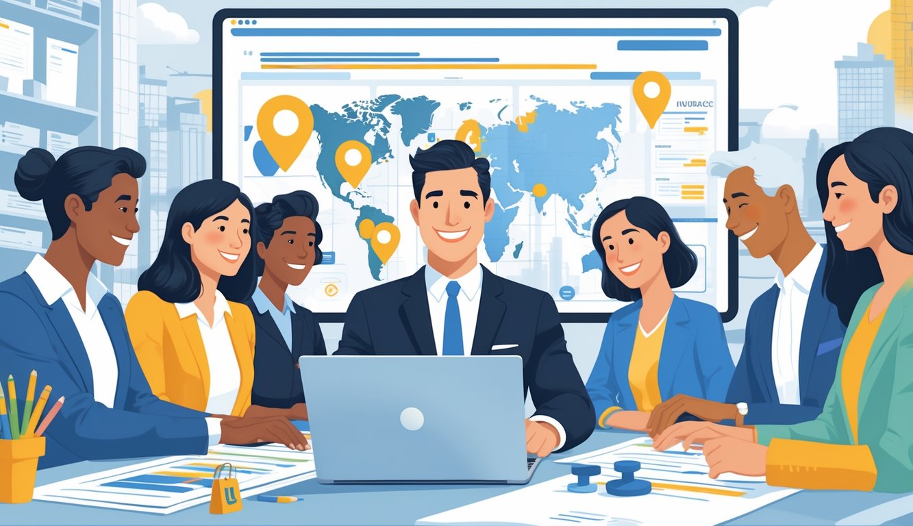 An insurance broker talking with clients in an office with a map and insurance icons nearby.