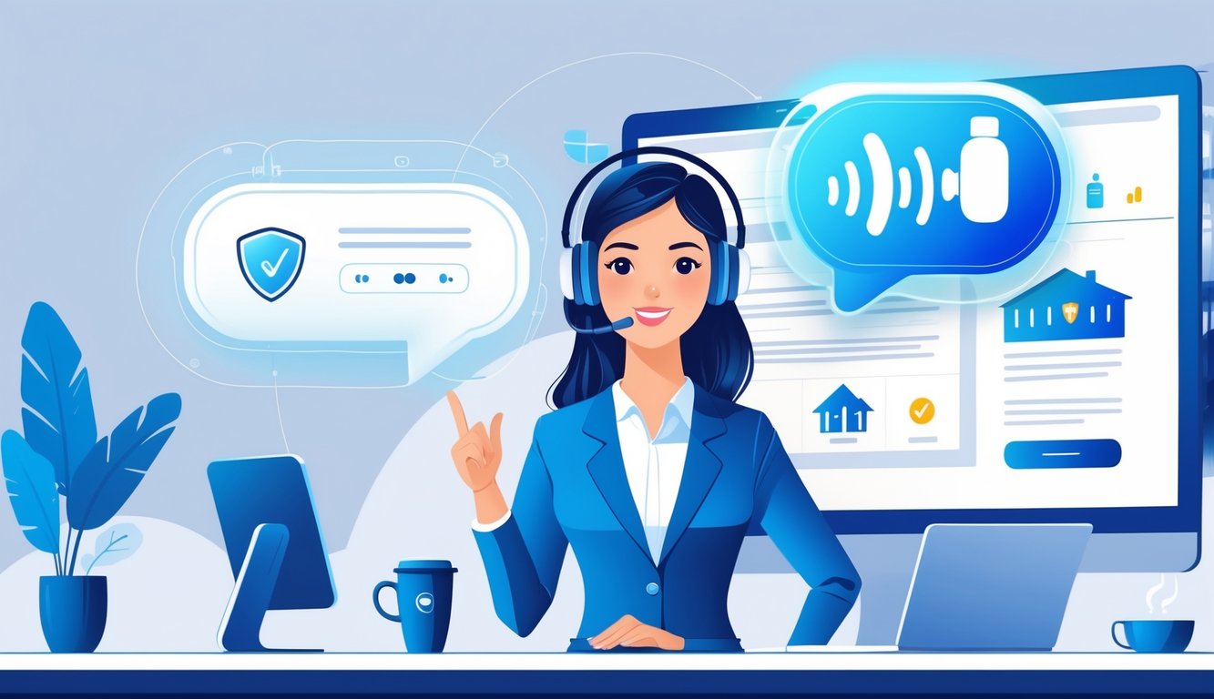 A businesswoman wearing a headset speaking into a microphone with floating digital icons representing insurance and voice search around her in a modern office setting.