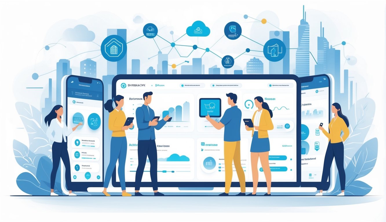 People using digital devices with insurance apps, surrounded by icons representing cloud storage, data analytics, AI chatbots, and automated claim processes in a connected futuristic environment.