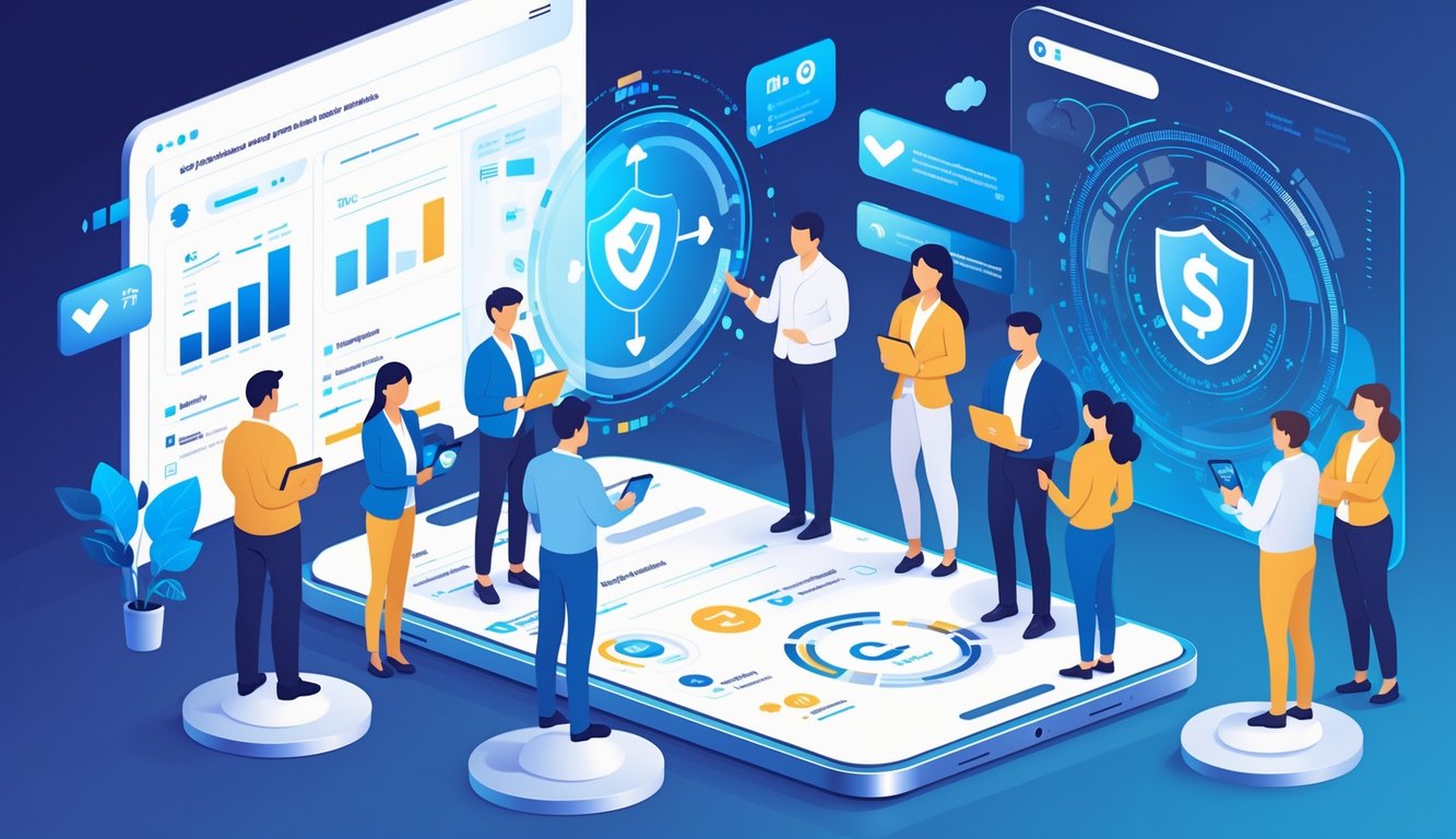Customers using digital devices with holographic insurance data in a modern office setting, illustrating improved insurance services through technology.