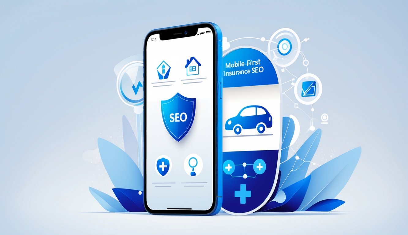 A smartphone displaying insurance icons surrounded by SEO-related graphics like graphs and magnifying glasses.