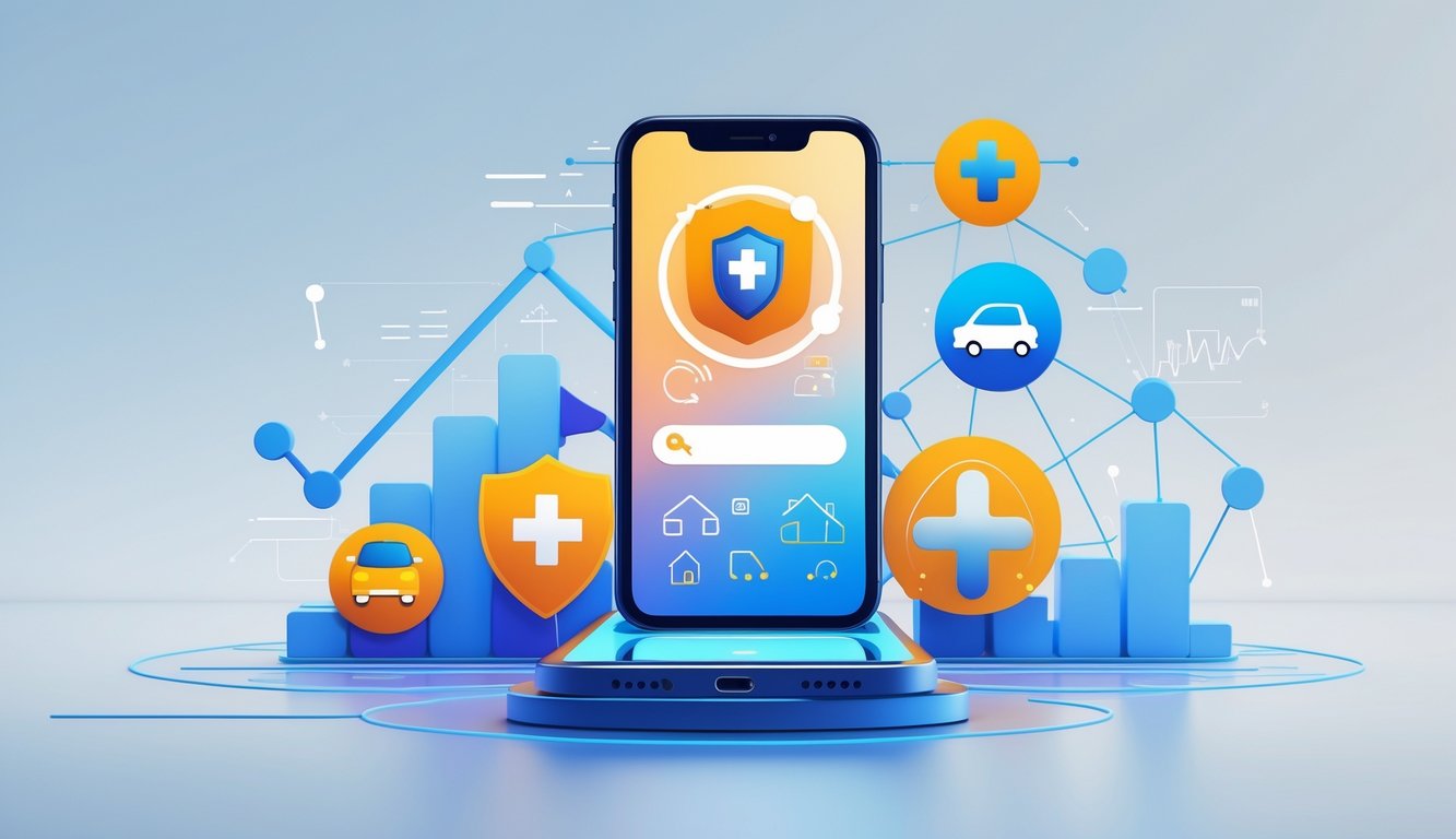 A smartphone surrounded by icons for insurance and SEO, including a shield, car, house, medical cross, graphs, and magnifying glasses.