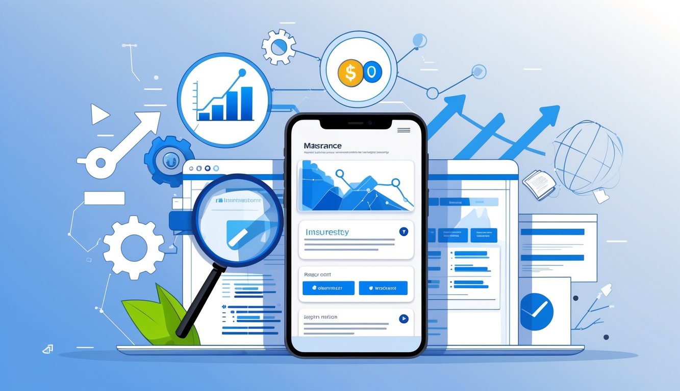 A smartphone displaying an insurance website surrounded by icons and graphs representing SEO strategy and optimization.
