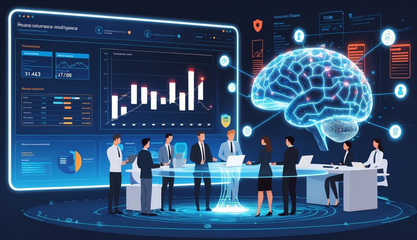 A team of insurance professionals working with a glowing AI system and a digital interface showing data and suspicious insurance claims.