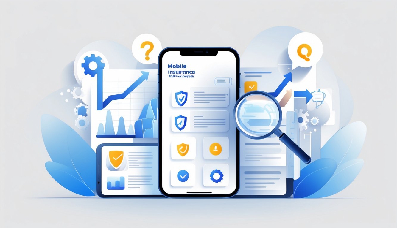 A smartphone surrounded by insurance icons, graphs, gears, and speech bubbles symbolizing mobile-first insurance SEO and frequently asked questions.