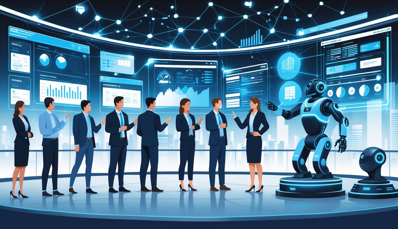 A futuristic office where professionals and an AI robot analyze data on digital screens to detect insurance fraud.